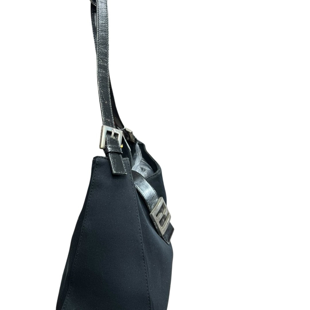 FENDI Nylon Canvas Baguette (though the shape is more of a hobo/shoulder bag, the buckle is iconic Fendi, often associated with Baguette styles) Shoulder Bag Black Silver Hardware Fe387