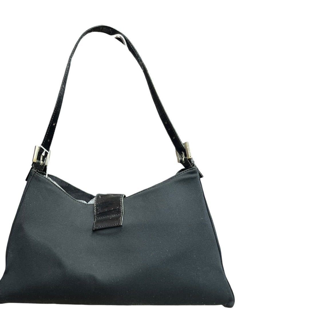 FENDI Nylon Canvas Baguette (though the shape is more of a hobo/shoulder bag, the buckle is iconic Fendi, often associated with Baguette styles) Shoulder Bag Black Silver Hardware Fe387