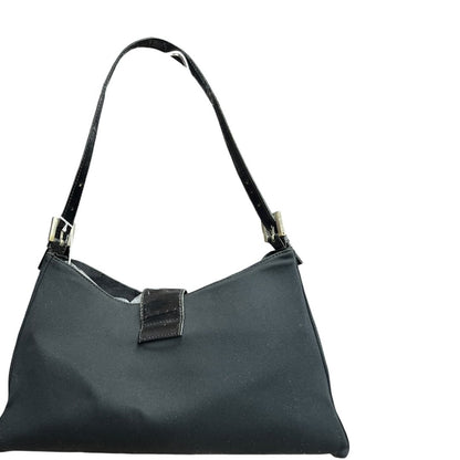 FENDI Nylon Canvas Baguette (though the shape is more of a hobo/shoulder bag, the buckle is iconic Fendi, often associated with Baguette styles) Shoulder Bag Black Silver Hardware Fe387