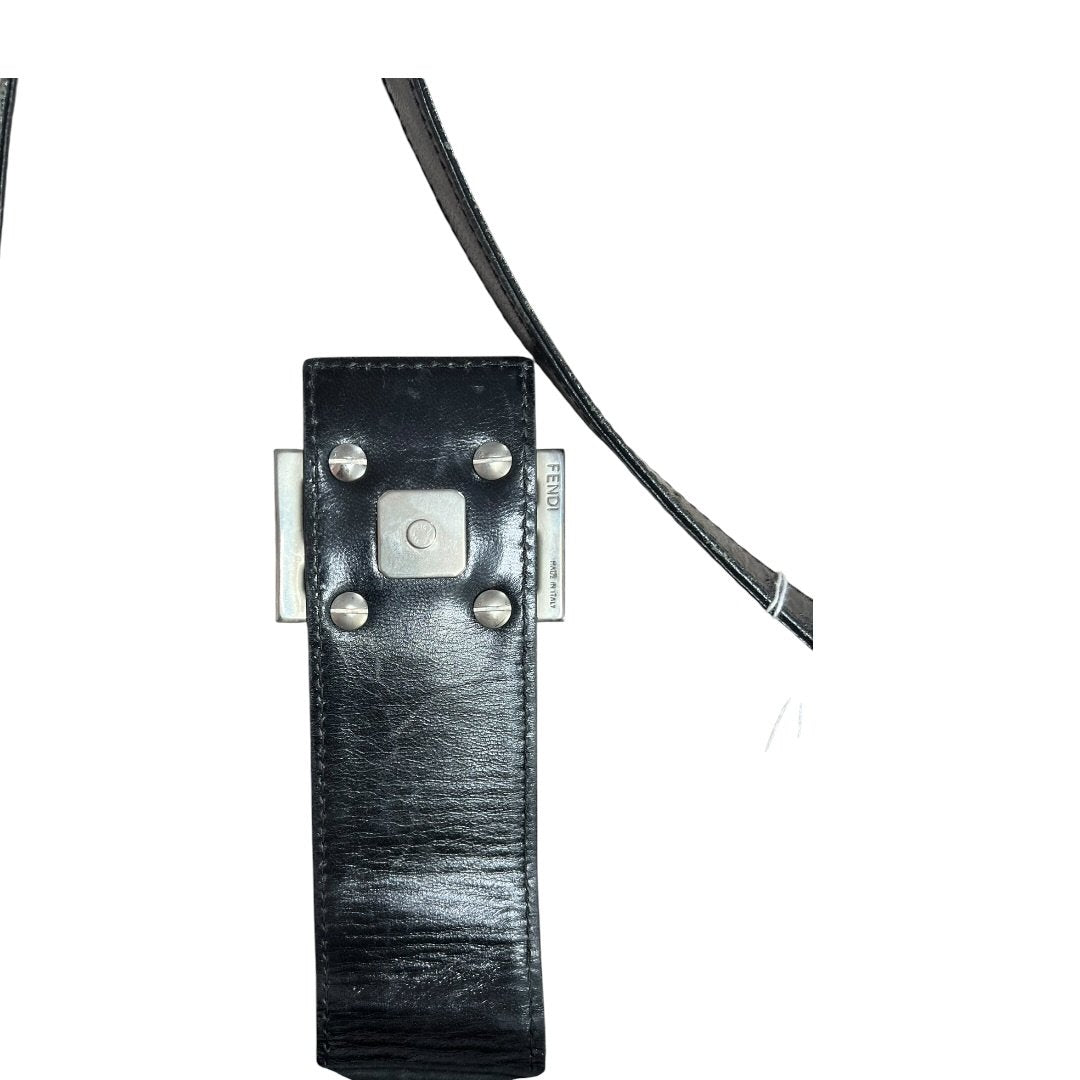 FENDI Nylon Canvas Baguette (though the shape is more of a hobo/shoulder bag, the buckle is iconic Fendi, often associated with Baguette styles) Shoulder Bag Black Silver Hardware Fe387