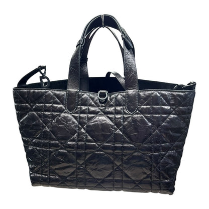 CHRISTIAN DIOR Glazed Leather Cannage Tote Tote Bag Black Black-tone Hardware Ch2179