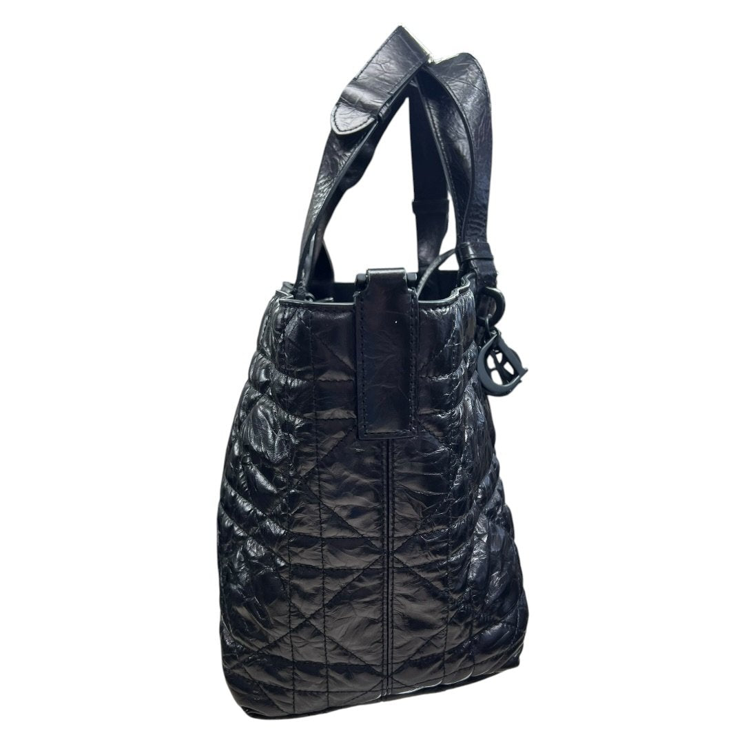 CHRISTIAN DIOR Glazed Leather Cannage Tote Tote Bag Black Black-tone Hardware Ch2179