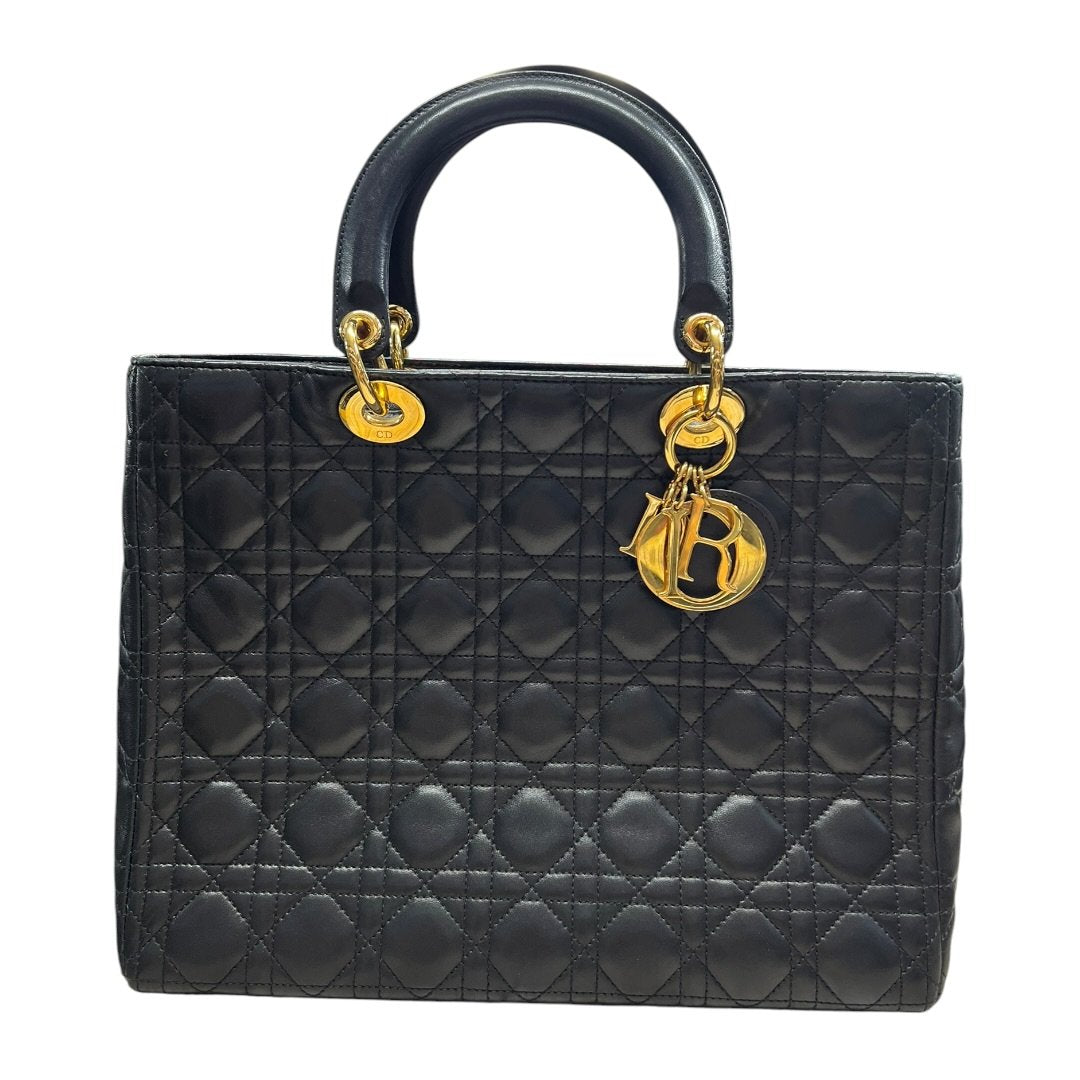 CHRISTIAN DIOR Quilted Leather Lady Dior Handbag Black Gold Hardware Ch2180