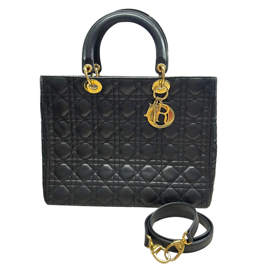 CHRISTIAN DIOR Quilted Leather Lady Dior Handbag Black Gold Hardware Ch2180