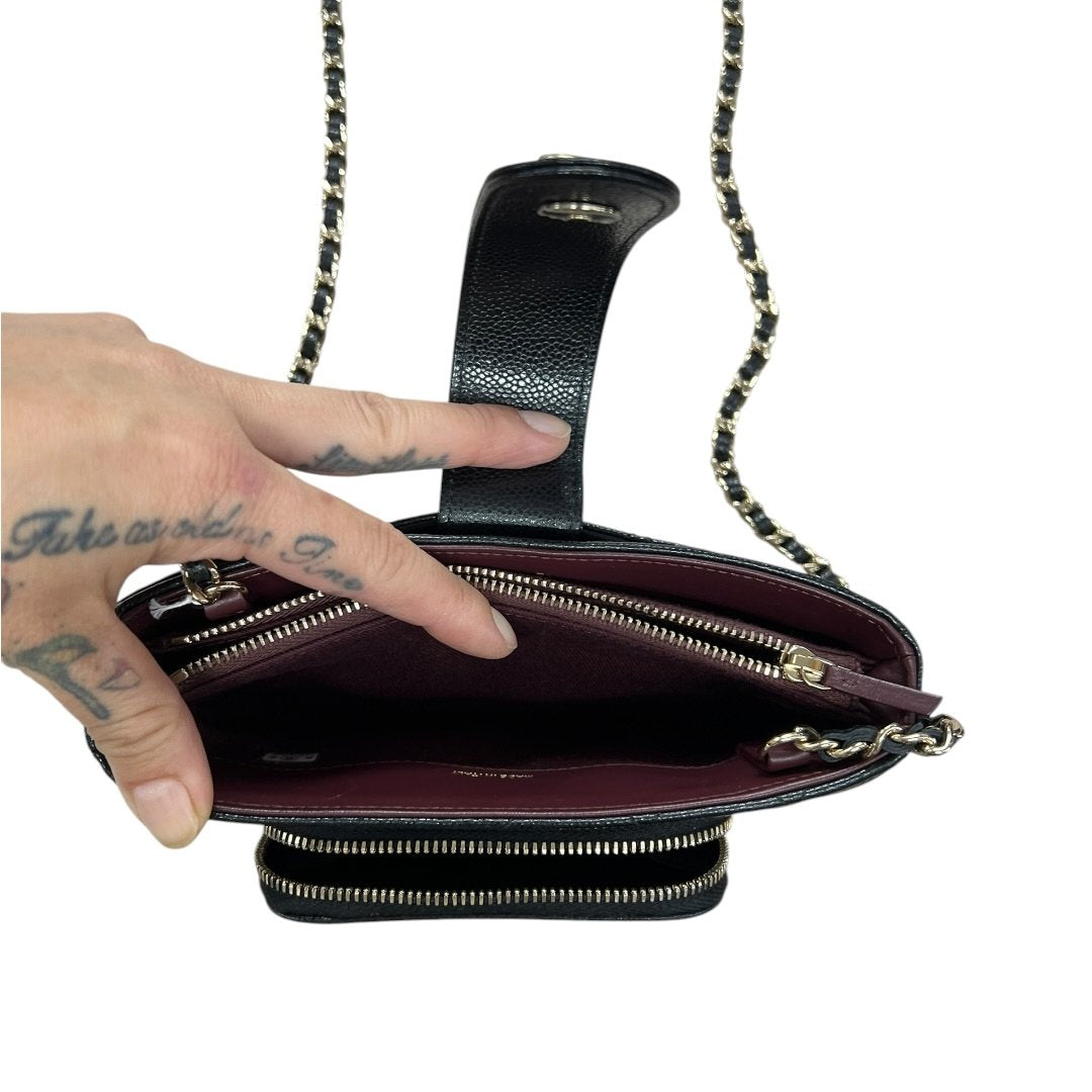 CHANEL Caviar Quilted Phone Holder with Chain Shoulder Bag Black Gold Hardware CH2185