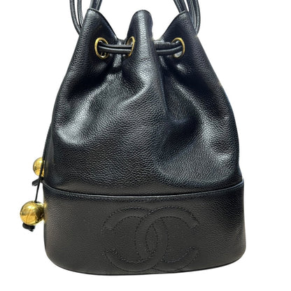 CHANEL Grained Calfskin Drawstring Bucket Bag Shoulder Bag Black Gold Hardware CH2183