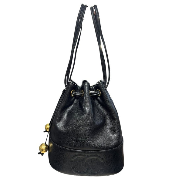 CHANEL Grained Calfskin Drawstring Bucket Bag Shoulder Bag Black Gold Hardware CH2183