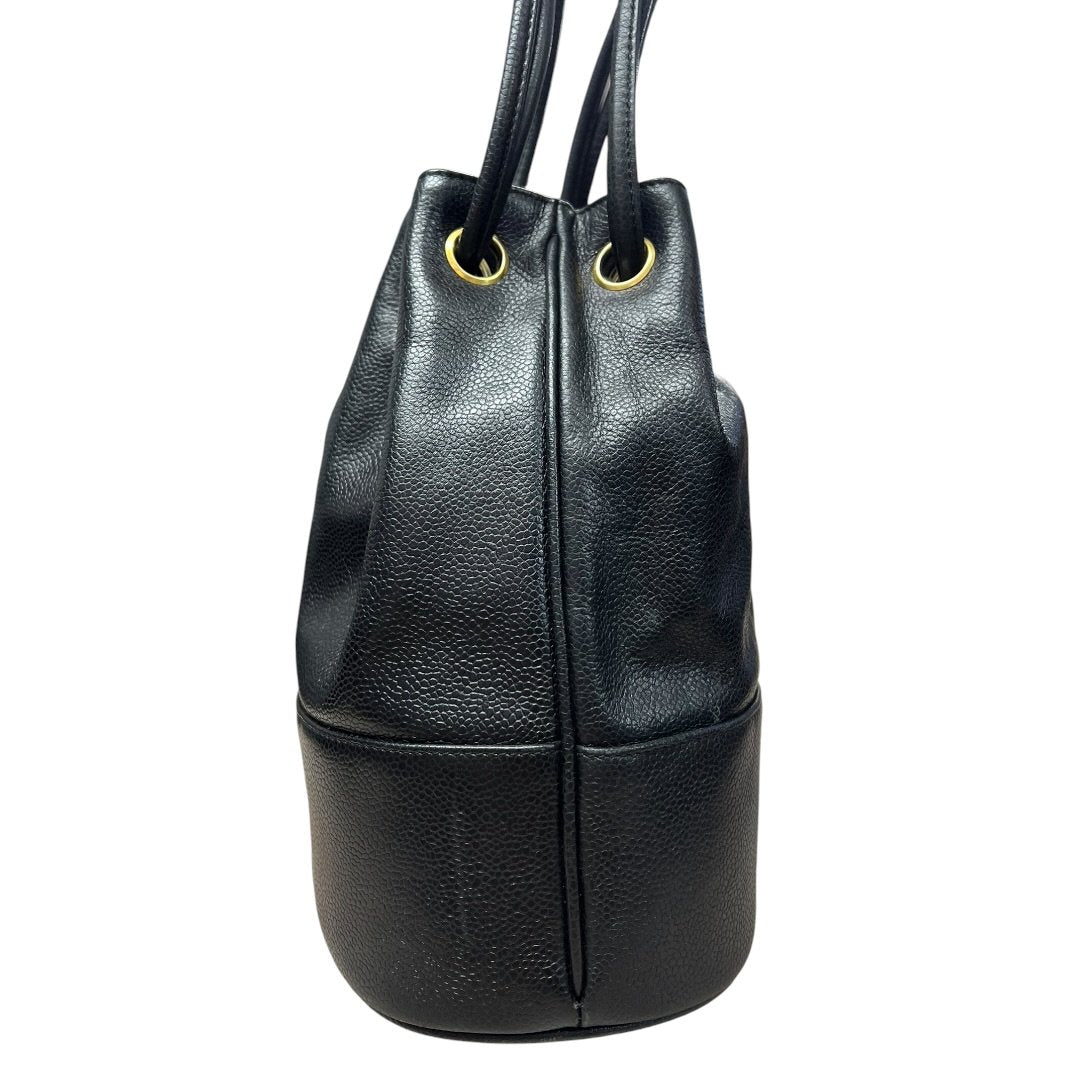CHANEL Grained Calfskin Drawstring Bucket Bag Shoulder Bag Black Gold Hardware CH2183