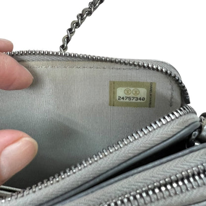 CHANEL Metallic Grained Calfskin Boy Chanel Wallet on Chain Shoulder Bag Metallic Silver Ruthenium Hardware CH2186