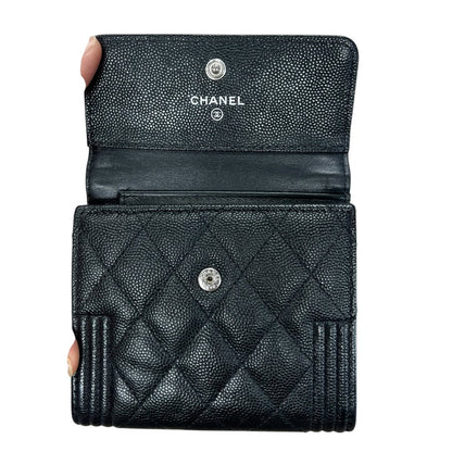 CHANEL Grained Calfskin Boy Chanel Small Flap Wallet Wallet Black Silver Hardware CH2187