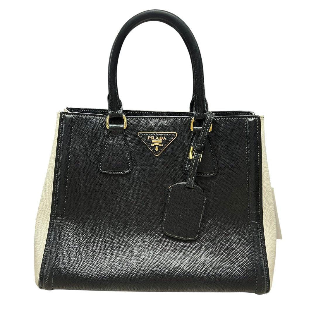 PRADA Saffiano Galleria Tote Handbag Black and Cream Gold Hardware PR214