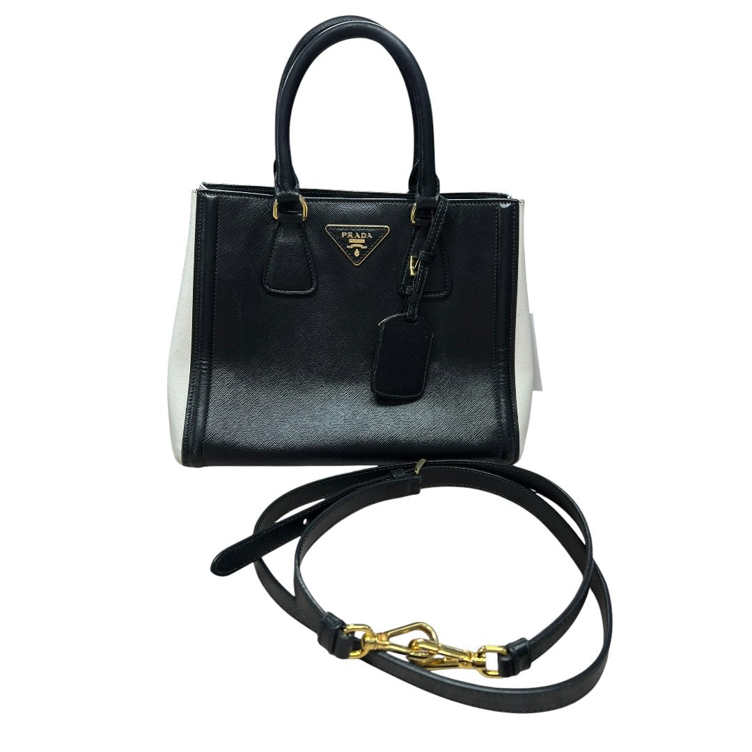 PRADA Saffiano Galleria Tote Handbag Black and Cream Gold Hardware PR214