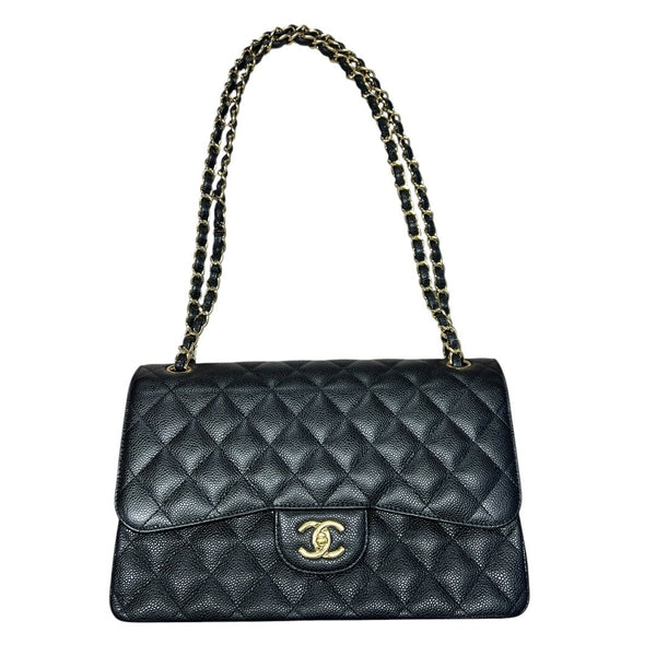CHANEL Caviar Classic Flap Bag Shoulder Bag Black Gold Hardware CH2188