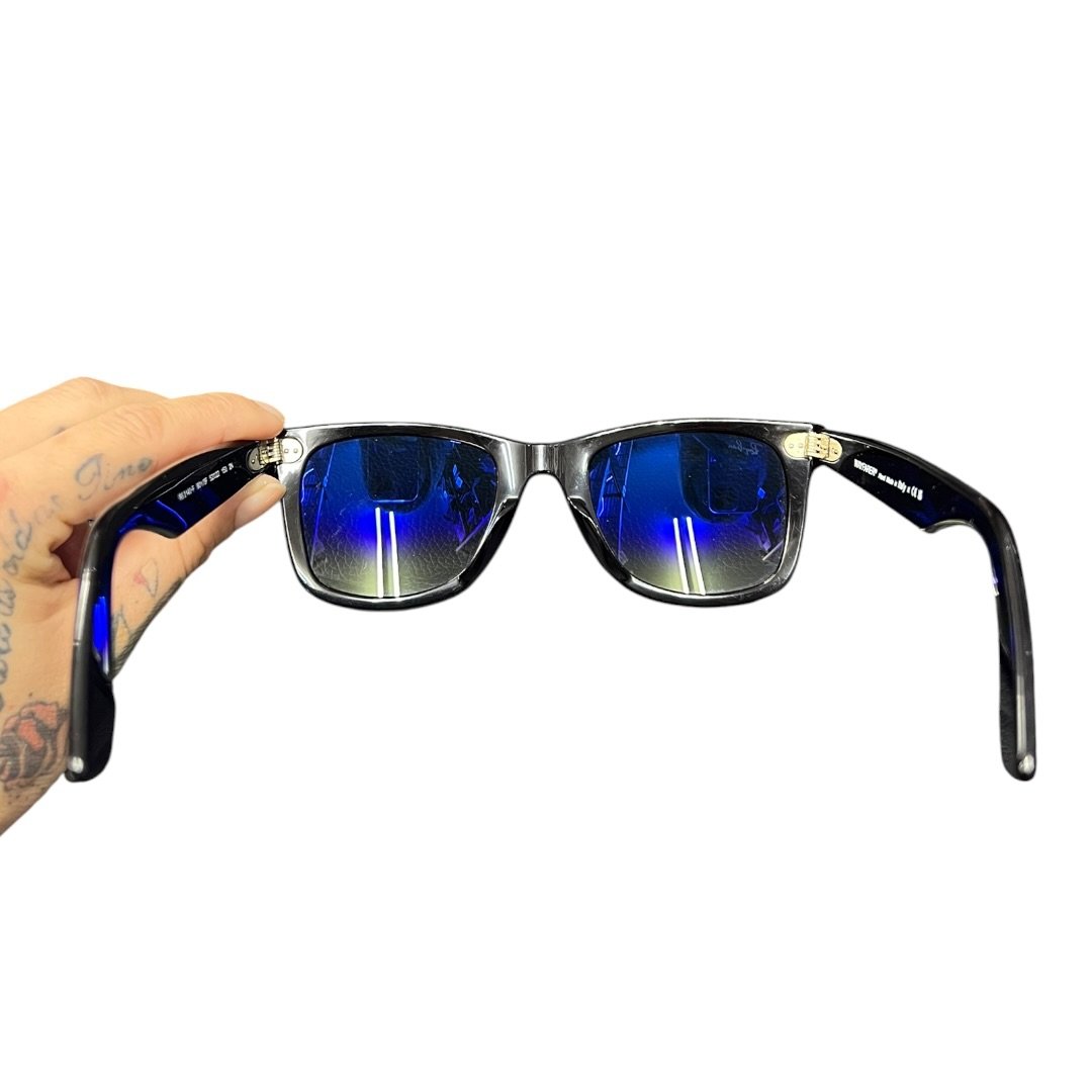 RAY-BAN Acetate Wayfarer Folding RB 2140-F Black with Blue Mirrored Lenses Silver Hardware Ra9