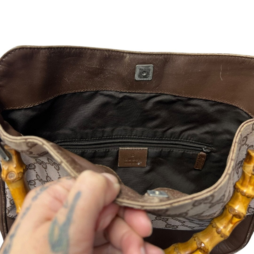 GUCCI Monogram Canvas, Leather Bamboo Top Handle Bag Handbag Beige and Dark Brown Silver Hardware GU684
