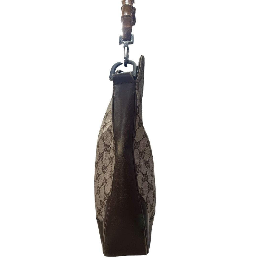 GUCCI Monogram Canvas, Leather Bamboo Top Handle Bag Handbag Beige and Dark Brown Silver Hardware GU684