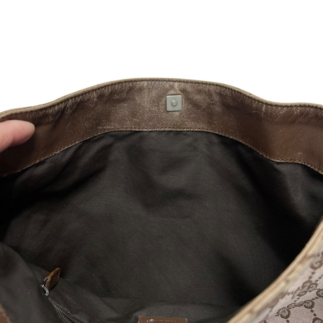 GUCCI Monogram Canvas, Leather Bamboo Top Handle Bag Handbag Beige and Dark Brown Silver Hardware GU684