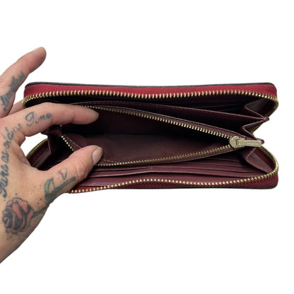 COACH Coated Canvas Signature C Zip Around Wallet with Wristlet Wallet Dark Brown, Red/Burgundy Gold-tone Hardware CO26