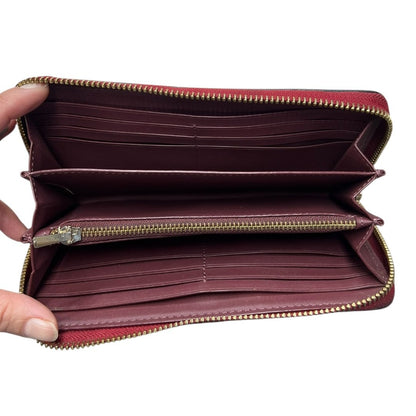 COACH Coated Canvas Signature C Zip Around Wallet with Wristlet Wallet Dark Brown, Red/Burgundy Gold-tone Hardware CO26