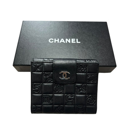 CHANEL Calfskin Timeless Icons Bi-fold Wallet Wallet Black Silver Hardware CH2189