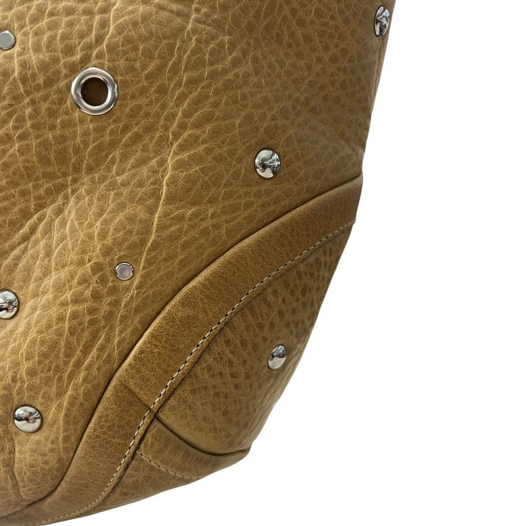 COACH Leather Studded Hobo Bag Shoulder Bag Tan Silver Hardware CO27