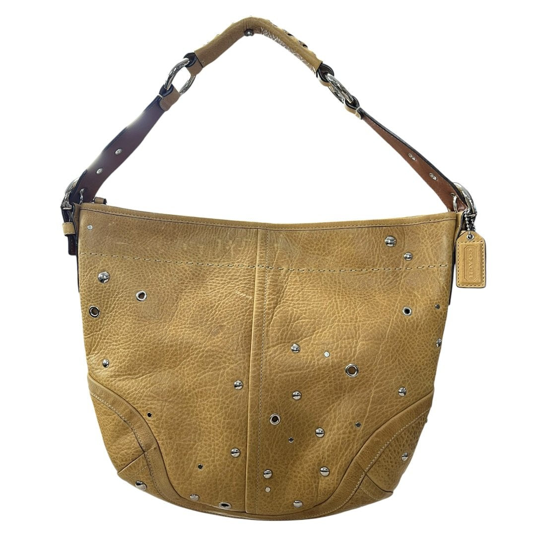 COACH Leather Studded Hobo Bag Shoulder Bag Tan Silver Hardware CO27