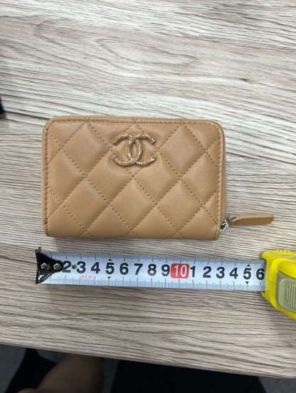 CHANEL Lambskin Zip Around Wallet Wallet Beige Silver Hardware CH2195
