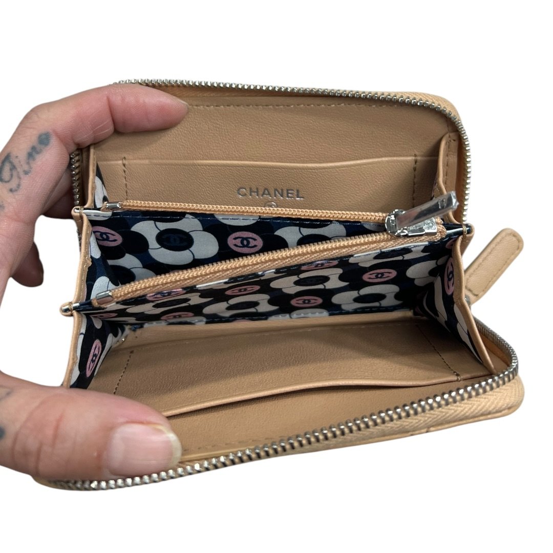 CHANEL Lambskin Zip Around Wallet Wallet Beige Silver Hardware CH2195