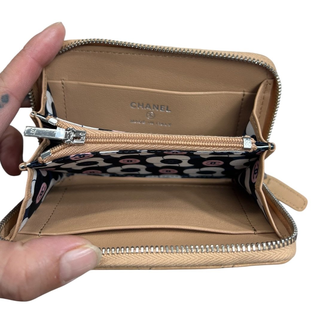 CHANEL Lambskin Zip Around Wallet Wallet Beige Silver Hardware CH2195