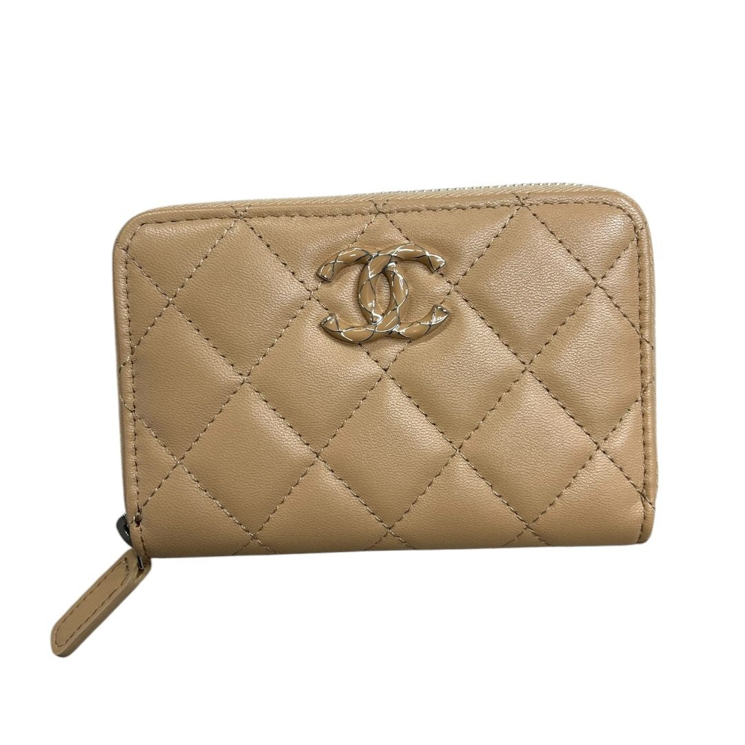 CHANEL Lambskin Zip Around Wallet Wallet Beige Silver Hardware CH2195