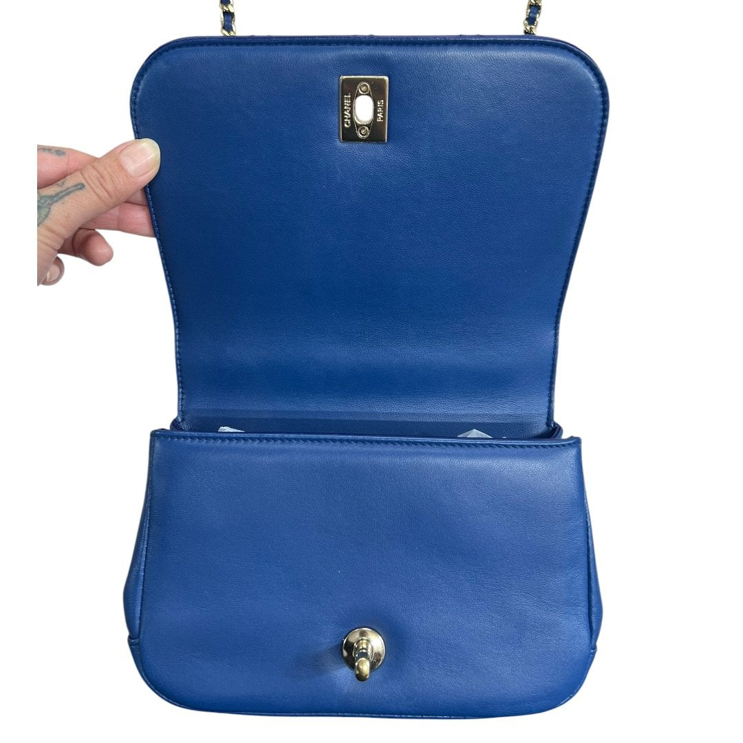 CHANEL Grained Calfskin Coco Handle Bag Handbag Blue Gold Hardware CH2191