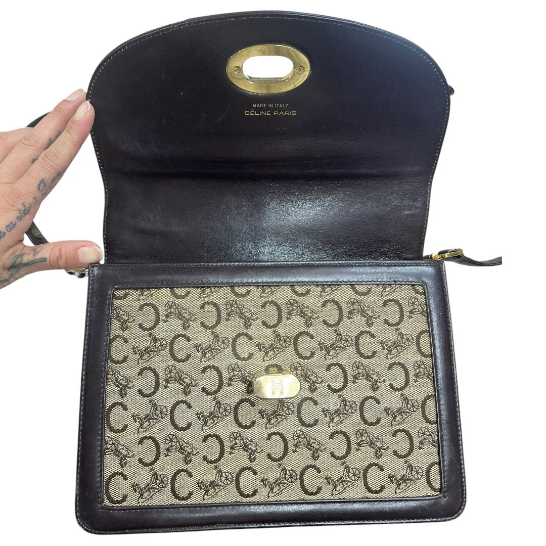 CELINE C Macadam Canvas C Macadam Horse Carriage Flap Bag Shoulder Bag Brown, Beige Gold Hardware CE271