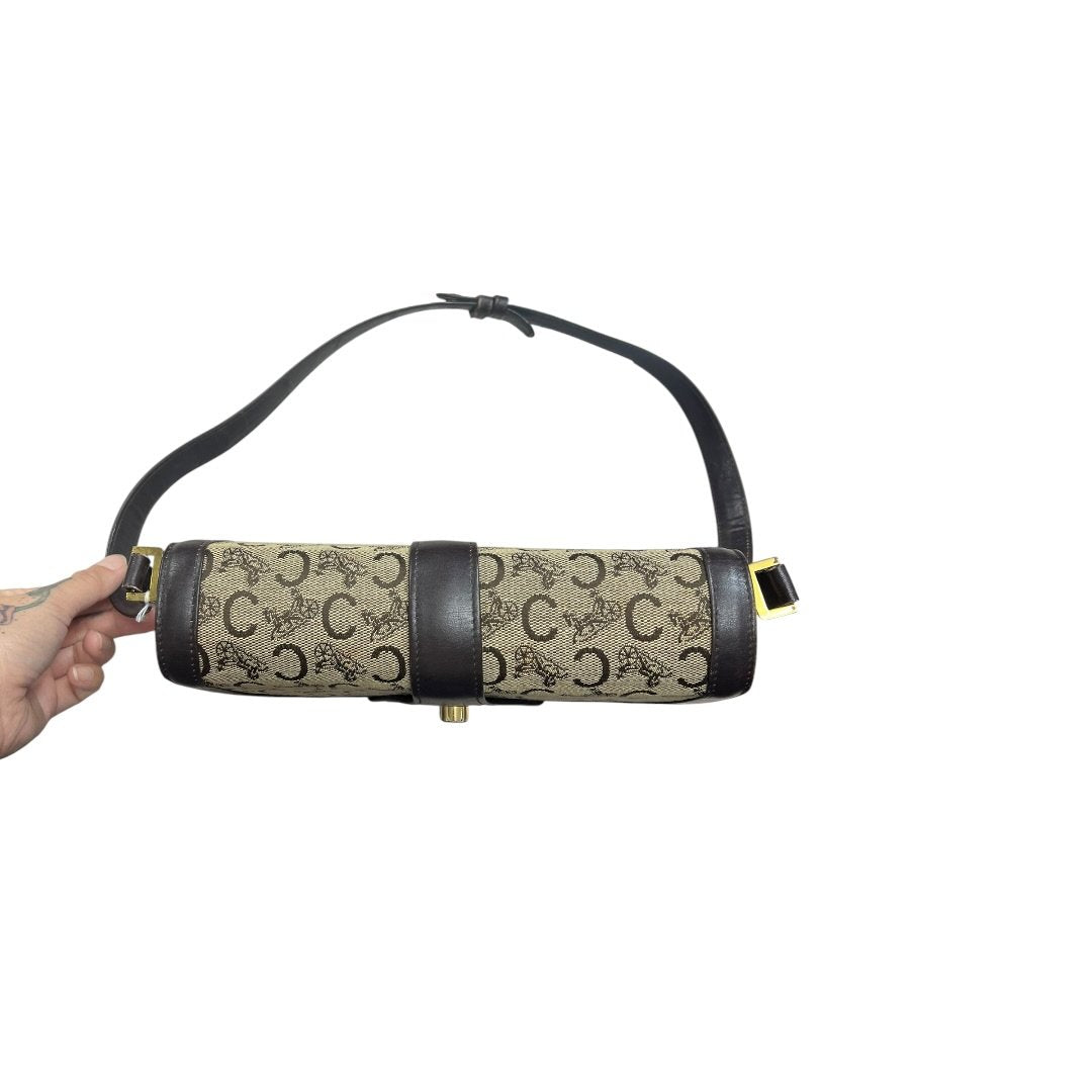 CELINE C Macadam Canvas C Macadam Horse Carriage Flap Bag Shoulder Bag Brown, Beige Gold Hardware CE271