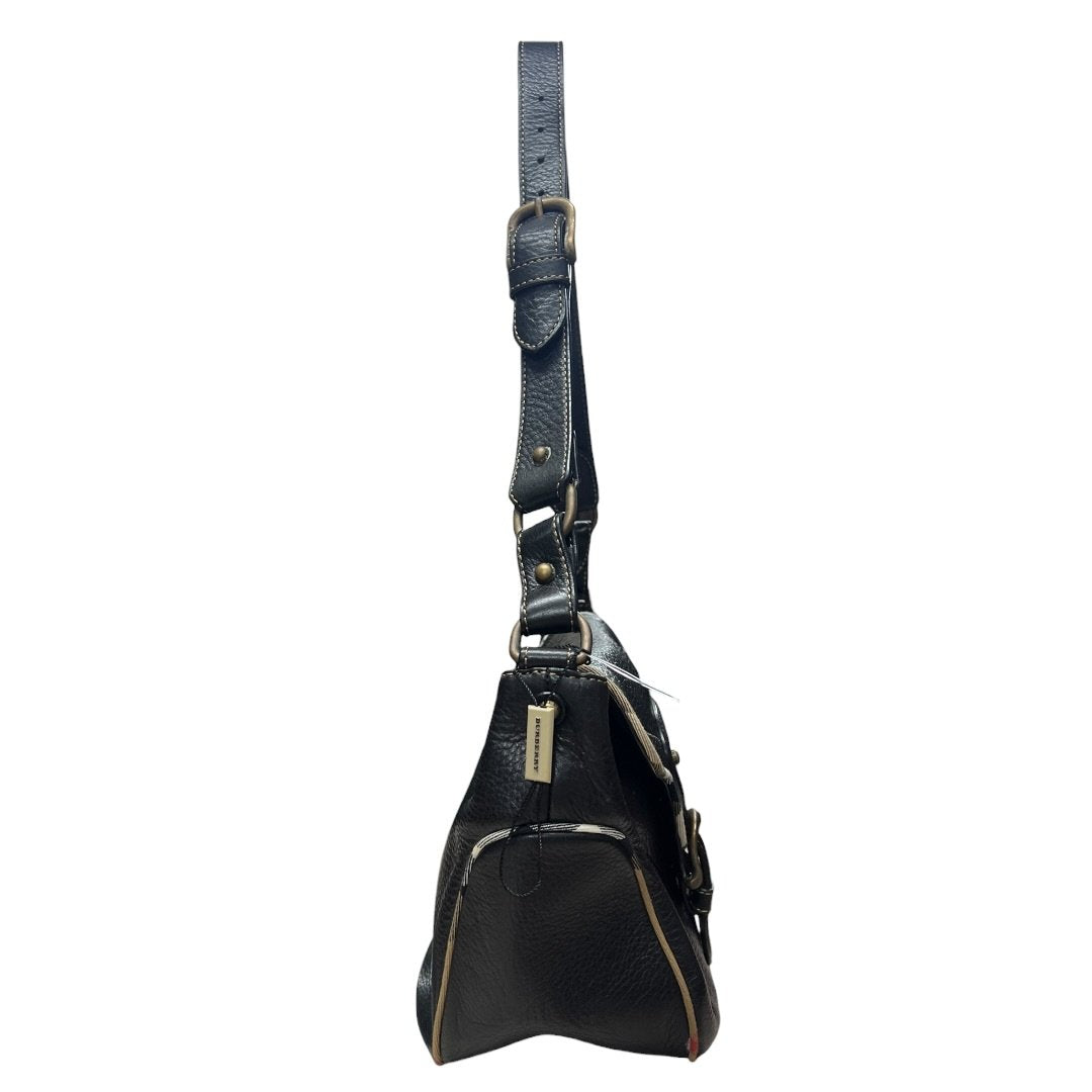 BURBERRY Grained Leather Shoulder Bag Black Antique Gold Hardware BU1225