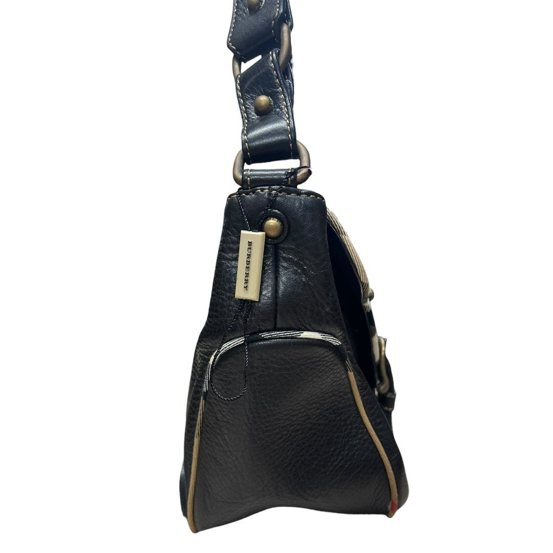 BURBERRY Grained Leather Shoulder Bag Black Antique Gold Hardware BU1225