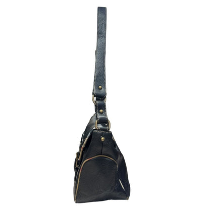 BURBERRY Grained Leather Shoulder Bag Black Antique Gold Hardware BU1225