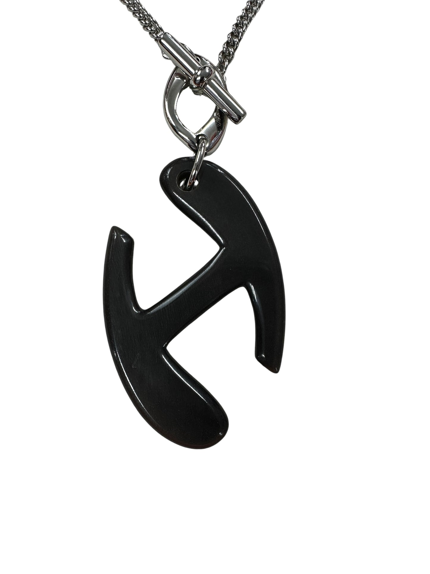 HERMES Buffalo Horn Pendant Chain Necklace Black Silver Hardware HE466