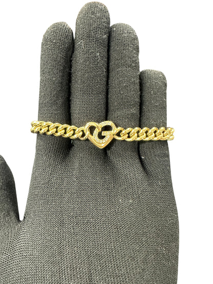 GIVENCHY Gold Tone Curb Chain Bracelet Heart Charm je57