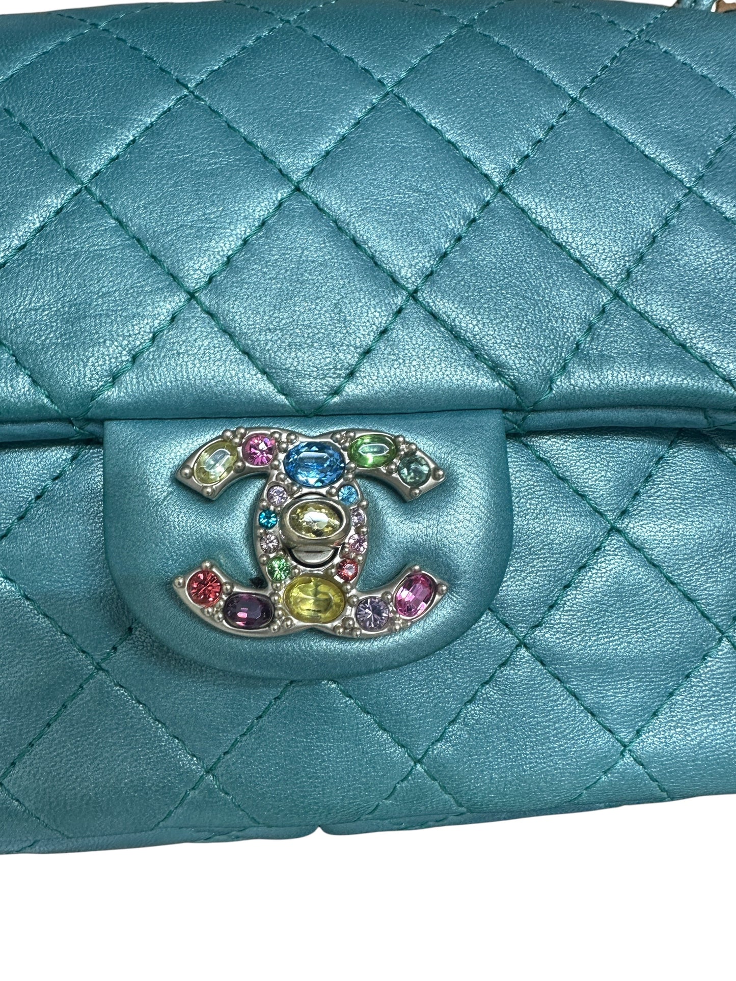 CHANEL Lambskin Matelasse Gemstone Flap Bag Turquoise Gold Hardware CH2201