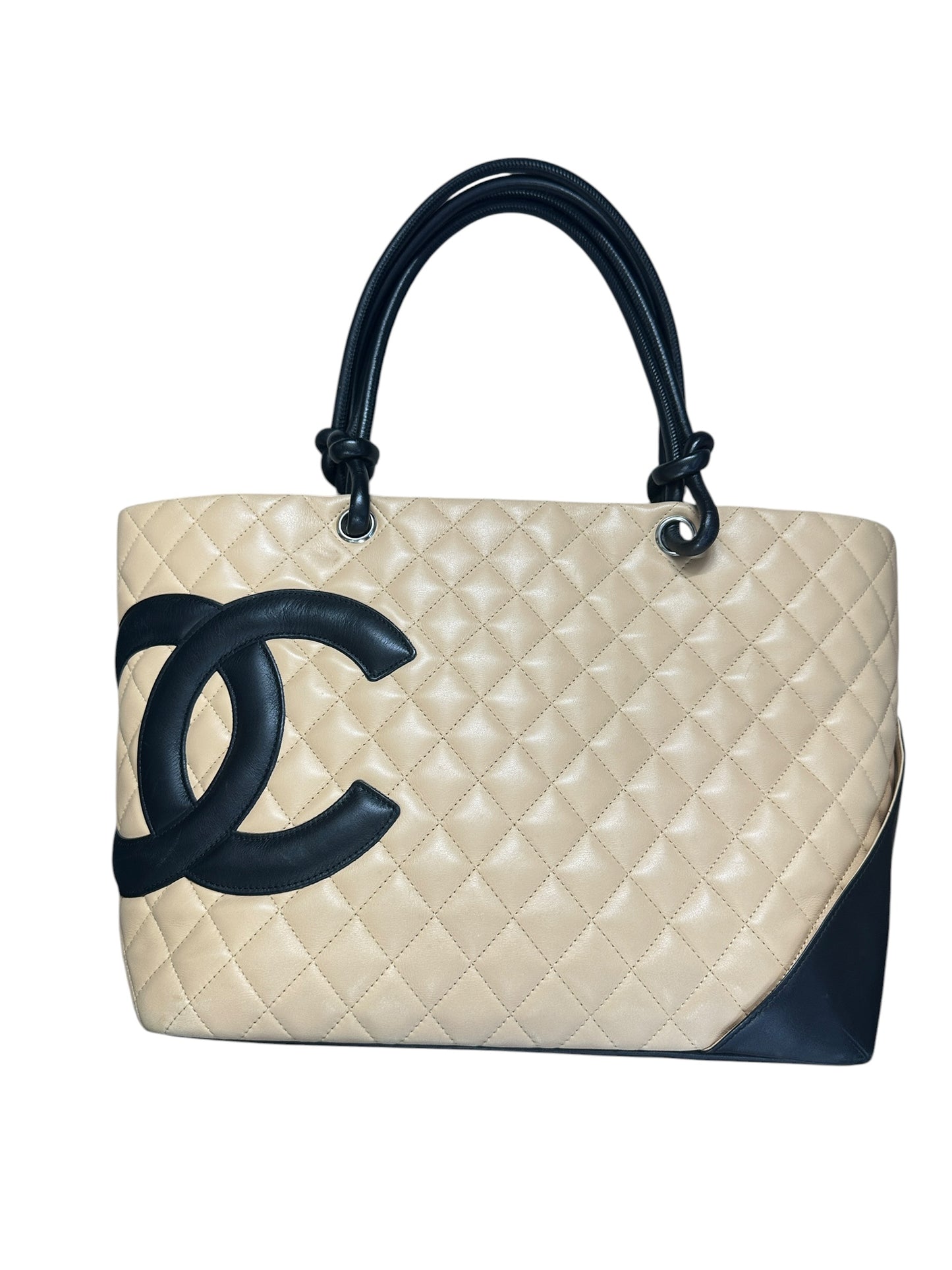 CHANEL Lambskin Cambon Line Large Tote Bag Beige Black Silver Hardware CH2202