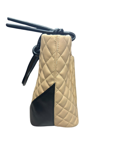 CHANEL Lambskin Cambon Line Large Tote Bag Beige Black Silver Hardware CH2202