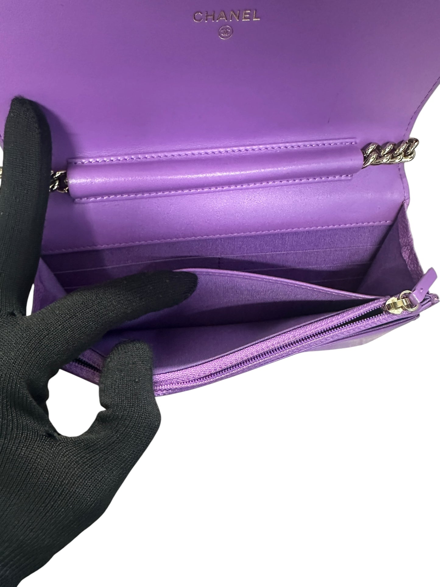 CHANEL Caviar Boy Wallet on Chain Bag Purple Gold Hardware CH2203