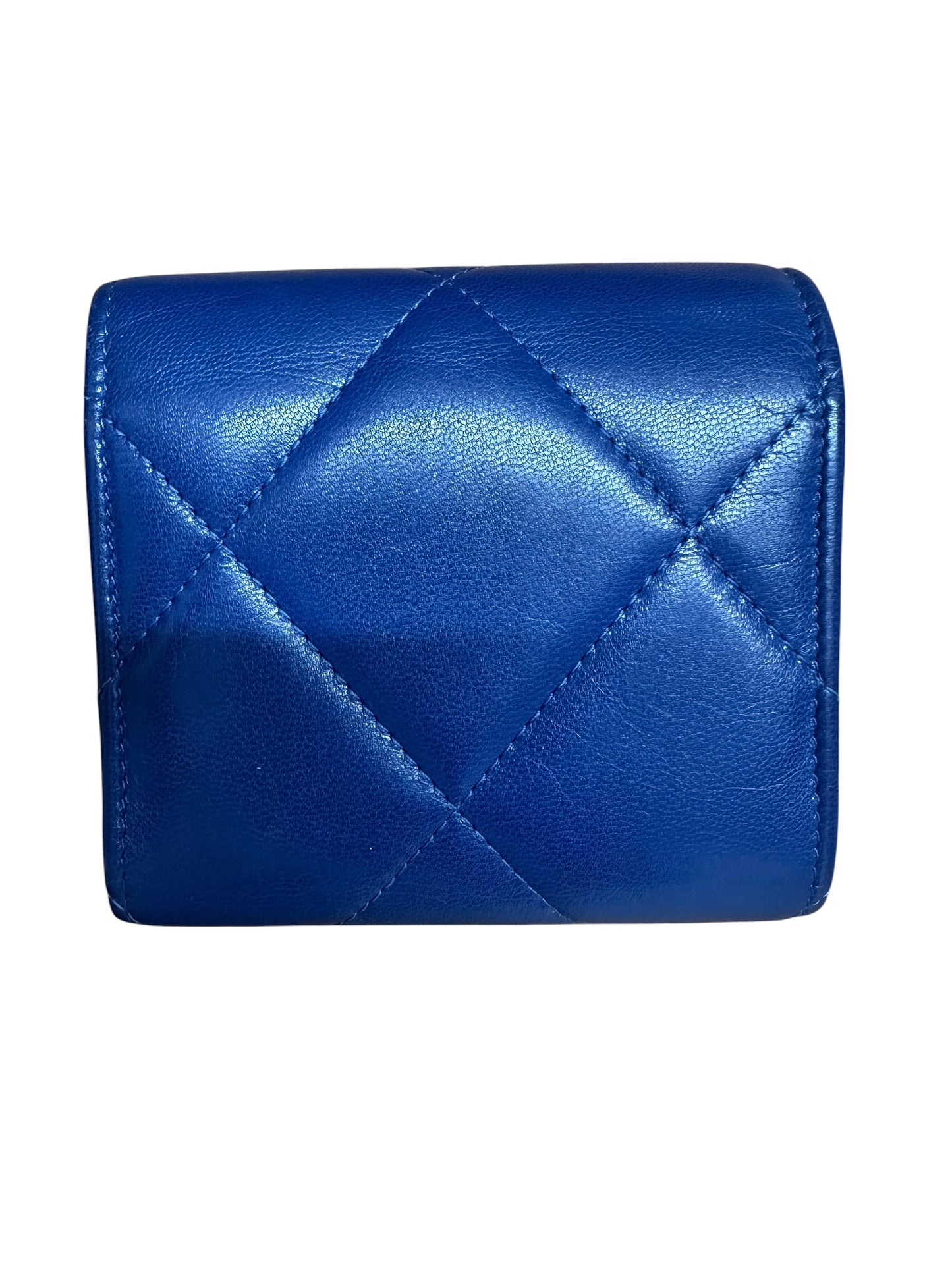 CHANEL Lambskin Chanel 19 Small Trifold Wallet Blue Gold Hardware CH2204