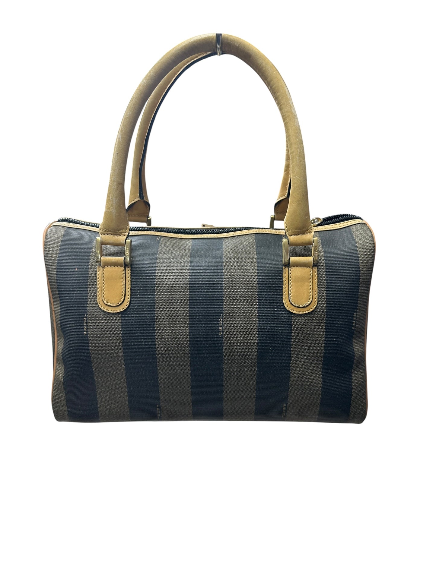 FENDI Pequin Stripe Mini Boston Handbag Brown Black Gold Hardware FE389
