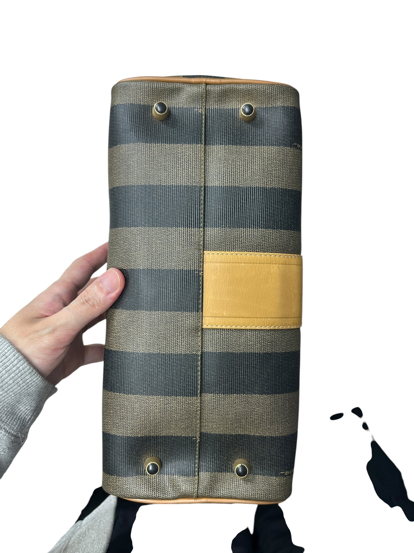 FENDI Pequin Stripe Mini Boston Handbag Brown Black Gold Hardware FE389