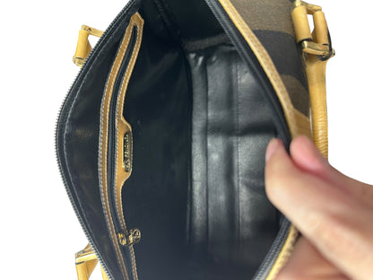 FENDI Pequin Stripe Mini Boston Handbag Brown Black Gold Hardware FE389
