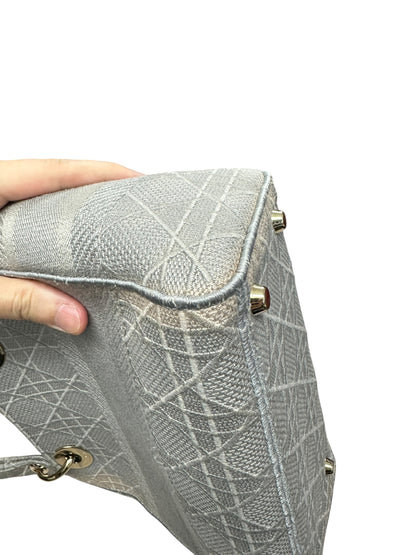 Christian Dior Cannage Embroidered Canvas Lady D-Lite Medium Handbag Gray Gold Hardware Ch2199