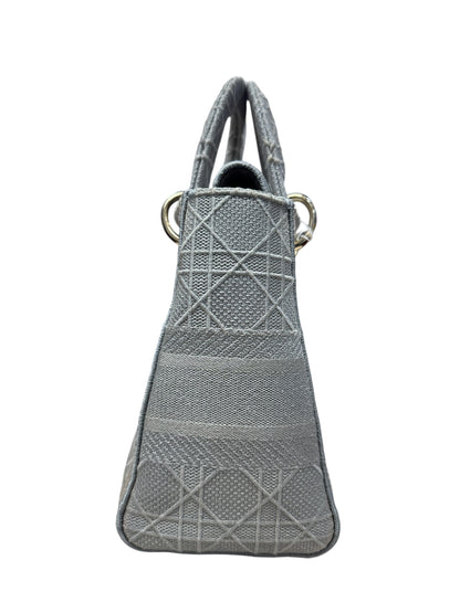 Christian Dior Cannage Embroidered Canvas Lady D-Lite Medium Handbag Gray Gold Hardware Ch2199