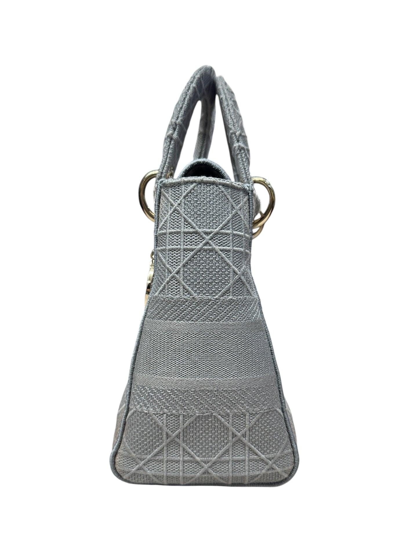 Christian Dior Cannage Embroidered Canvas Lady D-Lite Medium Handbag Gray Gold Hardware Ch2199