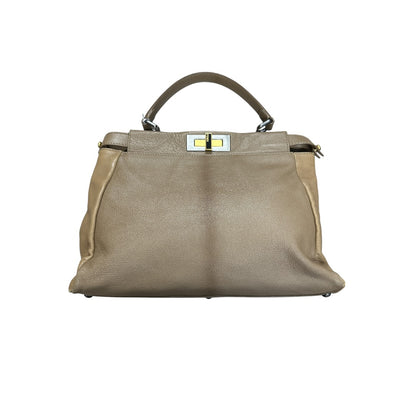 FENDI Calfskin Leather Peekaboo Large Handbag Beige Silver Gold Hardware FE390